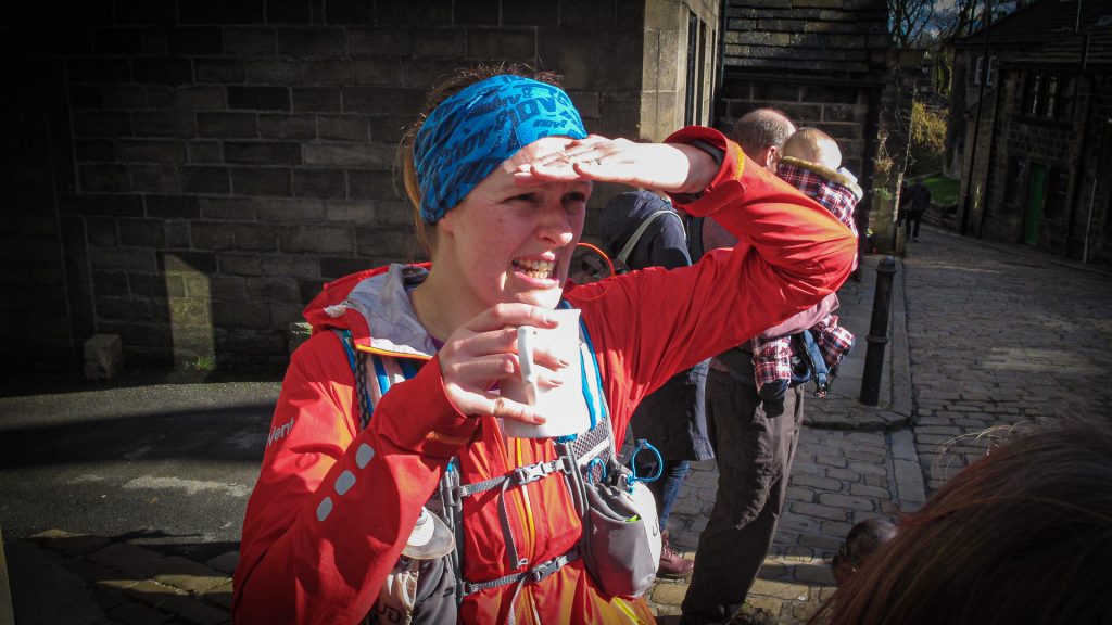 Me drinking tea during the Haworth Hobble in 2019